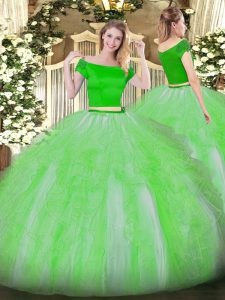 Traditional Off The Shoulder Short Sleeves Zipper Ball Gown Prom Dress Green Tulle