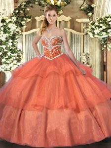 Dynamic Sleeveless Floor Length Beading and Ruffled Layers Lace Up Quinceanera Dress with Orange Red