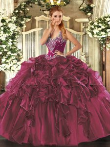 Burgundy Sleeveless Organza Lace Up Quince Ball Gowns for Military Ball and Sweet 16 and Quinceanera