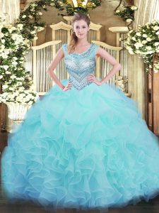 Custom Fit Sleeveless Organza Floor Length Lace Up Sweet 16 Quinceanera Dress in Aqua Blue with Beading and Ruffles and Pick Ups