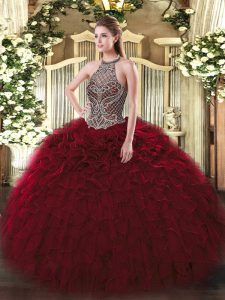 Glamorous Wine Red Ball Gowns Halter Top Sleeveless Organza Floor Length Lace Up Beading and Ruffles Sweet 16 Dress