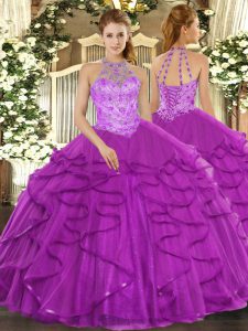  Beading and Ruffles Quince Ball Gowns Purple Lace Up Sleeveless Floor Length