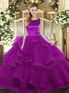 Lovely Purple Scoop Lace Up Ruffles Ball Gown Prom Dress Sleeveless