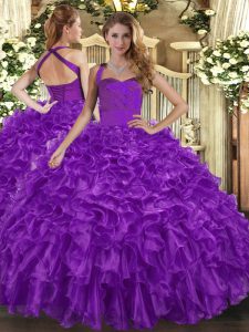 Dazzling Purple Halter Top Lace Up Ruffles Quinceanera Gown Sleeveless
