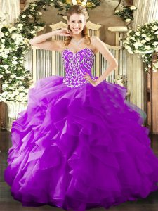  Purple Lace Up 15th Birthday Dress Beading and Ruffles Sleeveless Floor Length