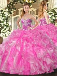 Pretty Rose Pink Ball Gowns Beading and Ruffles Quinceanera Gowns Lace Up Organza Sleeveless Floor Length