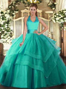 Captivating Turquoise Ball Gowns Tulle Halter Top Sleeveless Ruffled Layers Floor Length Lace Up Quinceanera Dress