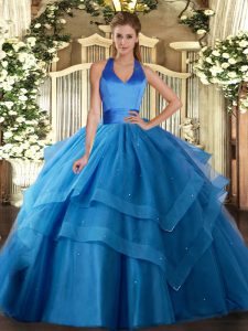 New Style Halter Top Sleeveless Sweet 16 Quinceanera Dress Floor Length Ruffled Layers Blue Tulle