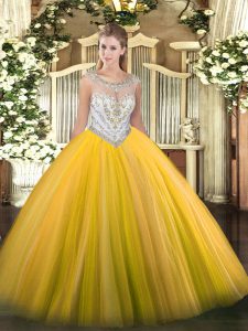  Gold Sleeveless Tulle Zipper Quinceanera Gown for Military Ball and Sweet 16 and Quinceanera