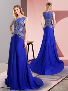 Deluxe Chiffon Scoop Sleeveless Sweep Train Side Zipper Beading Evening Dress in Royal Blue