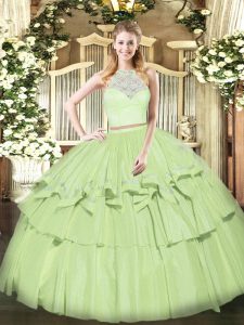  Olive Green Zipper Quinceanera Gowns Lace and Ruffled Layers Sleeveless Floor Length