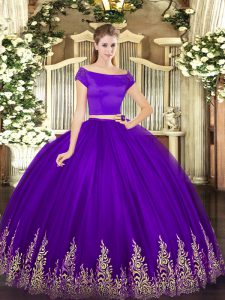  Purple Short Sleeves Tulle Zipper Sweet 16 Quinceanera Dress for Military Ball and Sweet 16 and Quinceanera