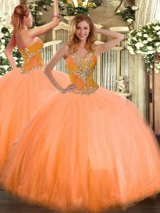 Top Selling Orange Sleeveless Tulle Lace Up Quinceanera Gowns for Sweet 16 and Quinceanera