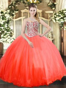Suitable Coral Red Sweet 16 Quinceanera Dress Military Ball and Sweet 16 and Quinceanera with Beading Sweetheart Sleeveless Lace Up