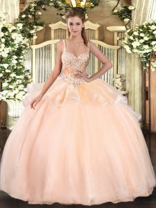 Unique Peach Straps Lace Up Beading Sweet 16 Dresses Sleeveless