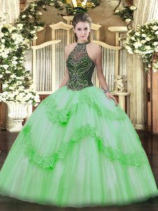  Taffeta and Tulle Sleeveless Floor Length Quince Ball Gowns and Beading and Appliques