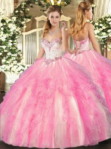  Floor Length Rose Pink Quince Ball Gowns Sweetheart Sleeveless Lace Up
