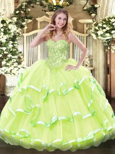  Floor Length Lace Up Quinceanera Dresses Yellow Green for Sweet 16 and Quinceanera with Appliques and Ruffled Layers