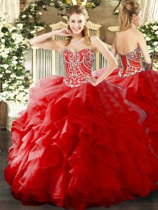Edgy Red Ball Gowns Sweetheart Sleeveless Organza Floor Length Lace Up Beading and Ruffles Sweet 16 Quinceanera Dress