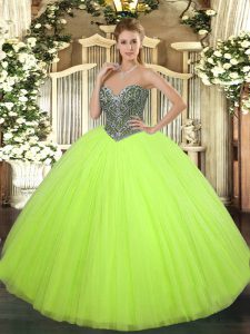Glamorous Sweetheart Sleeveless Quinceanera Gowns Floor Length Beading Yellow Green Tulle