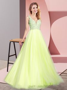  A-line Prom Dresses Light Yellow V-neck Tulle Sleeveless Floor Length Zipper