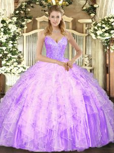  Beading and Ruffles Sweet 16 Quinceanera Dress Lilac Lace Up Sleeveless Floor Length