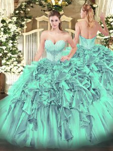  Floor Length Lace Up Sweet 16 Quinceanera Dress Turquoise for Military Ball and Sweet 16 and Quinceanera with Beading and Ruffles