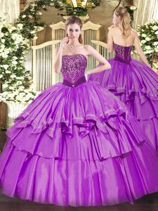 Latest Lilac Lace Up Strapless Beading and Ruffled Layers Ball Gown Prom Dress Organza and Taffeta Sleeveless
