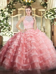 New Arrival Watermelon Red Two Pieces Scoop Sleeveless Tulle Floor Length Zipper Lace and Ruffled Layers 15th Birthday Dress