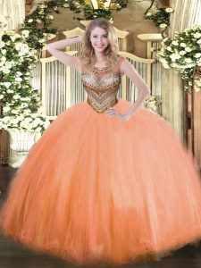 Best Selling Tulle Scoop Sleeveless Lace Up Beading 15th Birthday Dress in Orange Red
