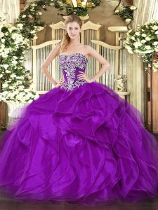 Ideal Purple Organza Lace Up Strapless Sleeveless Floor Length 15th Birthday Dress Beading and Ruffles