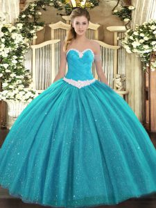 Fantastic Sleeveless Tulle Floor Length Lace Up 15 Quinceanera Dress in Teal with Appliques