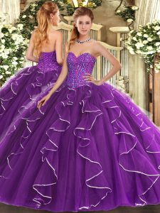 Custom Made Sweetheart Sleeveless 15th Birthday Dress Floor Length Beading and Ruffles Purple Tulle