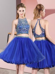 Charming Sleeveless Mini Length Beading Criss Cross Homecoming Dress with Blue