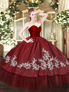 Captivating Wine Red Zipper Sweetheart Embroidery Quince Ball Gowns Organza and Taffeta Sleeveless