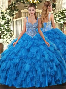  Blue Sleeveless Organza Lace Up Ball Gown Prom Dress for Military Ball and Sweet 16 and Quinceanera