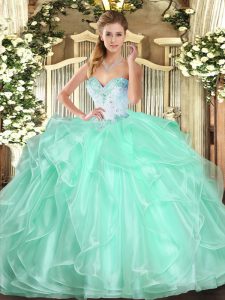  Apple Green Ball Gowns Beading and Ruffles Quinceanera Dress Lace Up Organza Sleeveless Floor Length