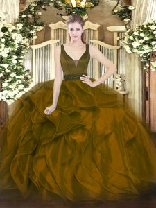 Shining Brown Ball Gowns Straps Sleeveless Organza Floor Length Zipper Beading and Ruffles Vestidos de Quinceanera