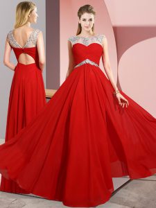 Deluxe Red Empire Beading Dress for Prom Clasp Handle Chiffon Sleeveless Floor Length