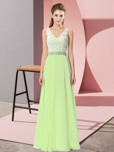  Yellow Green Empire Chiffon V-neck Sleeveless Beading Floor Length Backless Prom Dress