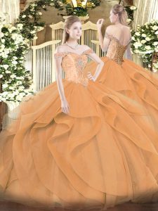 Artistic Off The Shoulder Sleeveless Sweet 16 Dress Floor Length Beading and Ruffles Orange Tulle