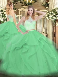  Scoop Sleeveless Quinceanera Gown Floor Length Lace and Ruffles Apple Green Tulle