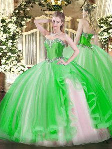 Best Green Tulle Lace Up Halter Top Sleeveless Floor Length Quince Ball Gowns Beading and Ruffles