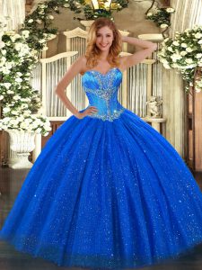  Sleeveless Floor Length Beading Lace Up Sweet 16 Quinceanera Dress with Royal Blue