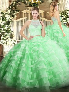 Wonderful Apple Green Zipper Scoop Lace and Ruffled Layers Vestidos de Quinceanera Tulle Sleeveless