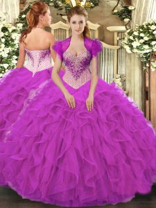 Glorious Fuchsia Quinceanera Dress Military Ball and Sweet 16 and Quinceanera with Beading and Ruffles Sweetheart Sleeveless Lace Up