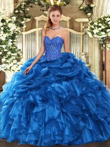  Floor Length Lace Up Quince Ball Gowns Blue for Military Ball and Sweet 16 and Quinceanera with Beading and Ruffles and Pick Ups