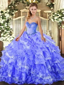  Blue Ball Gowns Organza Sweetheart Sleeveless Beading and Ruffled Layers Floor Length Lace Up Quince Ball Gowns