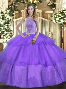  High-neck Sleeveless Sweet 16 Dresses Floor Length Beading and Ruffled Layers Lavender Tulle