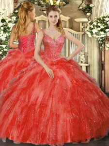  Ball Gowns Ball Gown Prom Dress Red V-neck Tulle Sleeveless Floor Length Lace Up